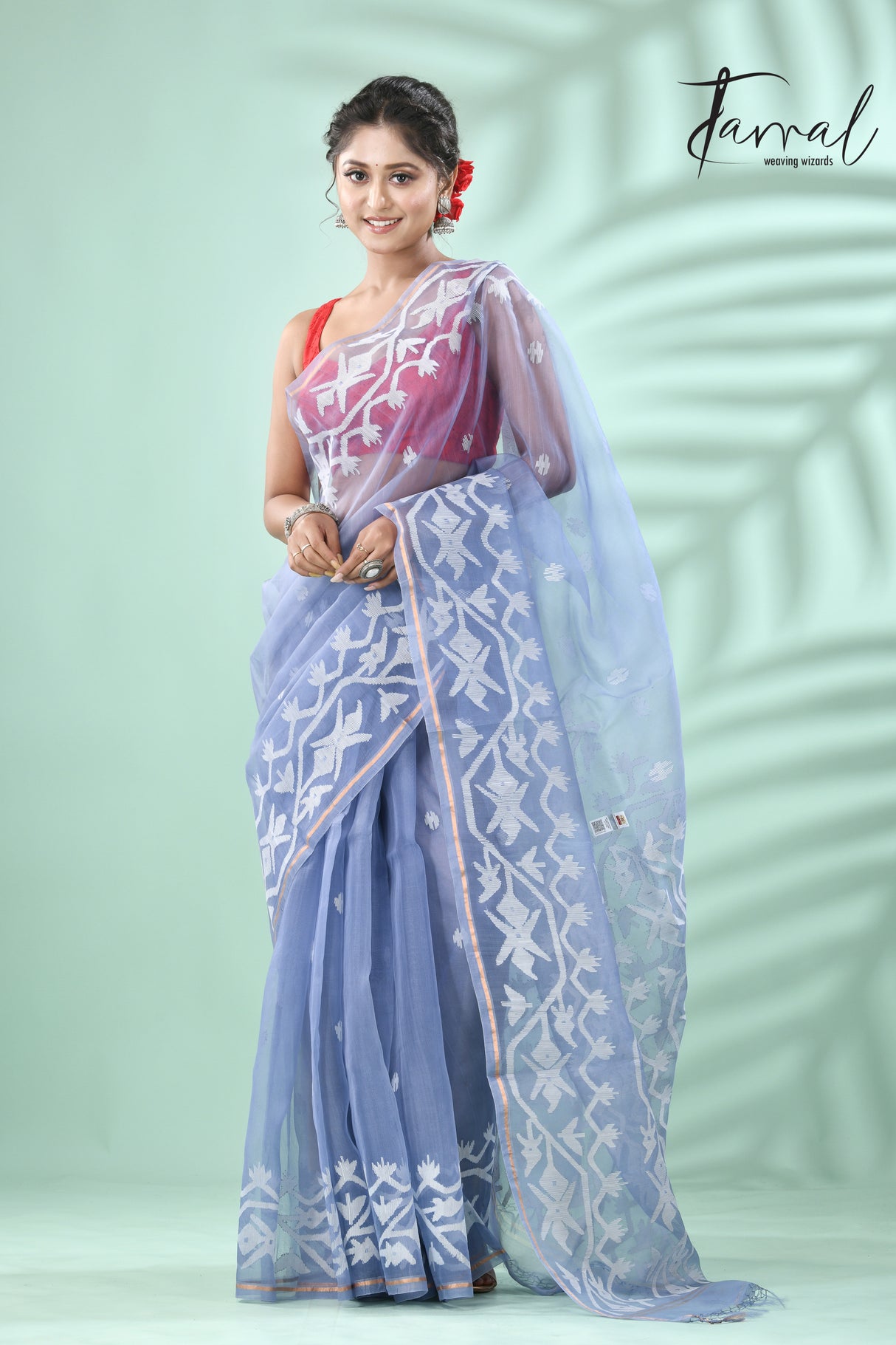 Powder Blue traditional handwoven muslin silk dhakai jamdani saree