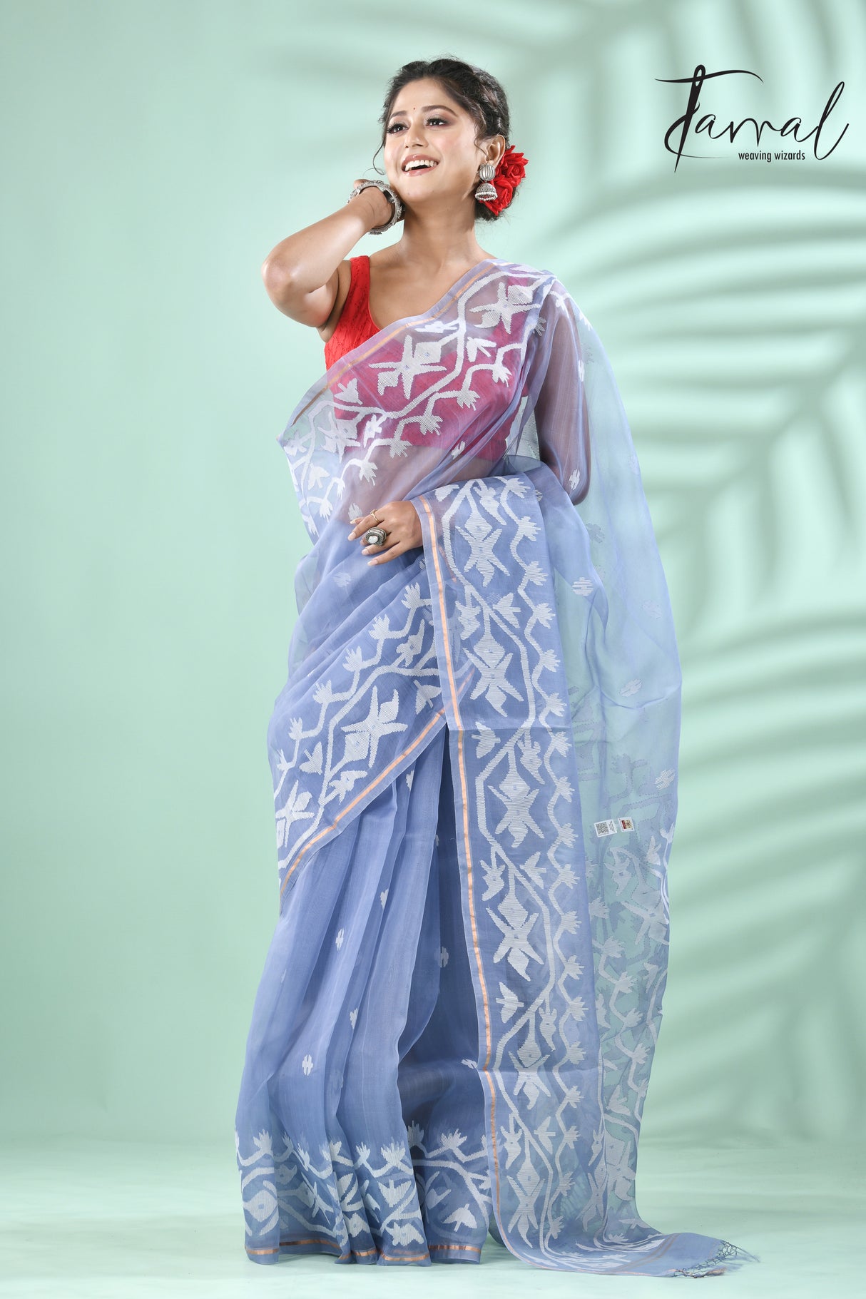 Powder Blue traditional handwoven muslin silk dhakai jamdani saree