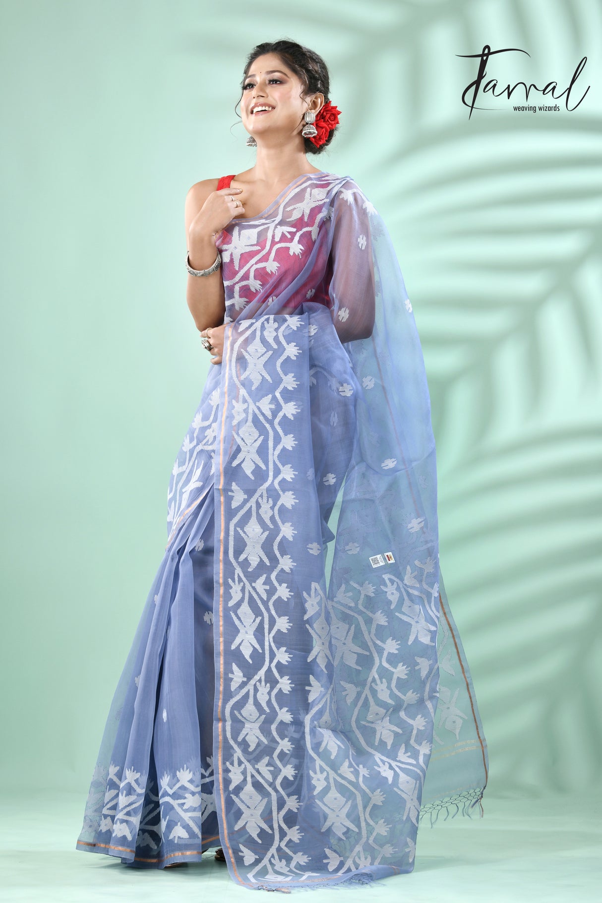 Powder Blue traditional handwoven muslin silk dhakai jamdani saree