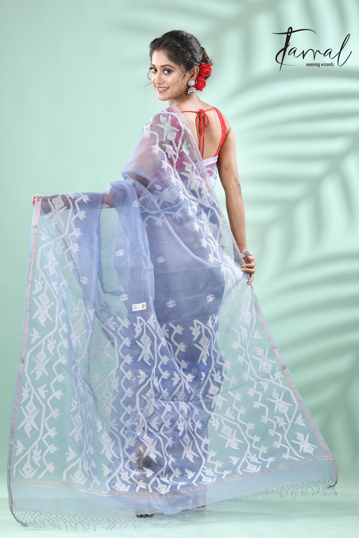 Powder Blue traditional handwoven muslin silk dhakai jamdani saree