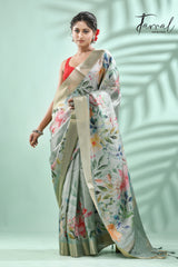 Pista Green with zari border tusser cotton floral hand painted zari check saree - Tamal Boutique