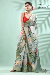 Pista Green with zari border tusser cotton floral hand painted zari check saree - Tamal Boutique