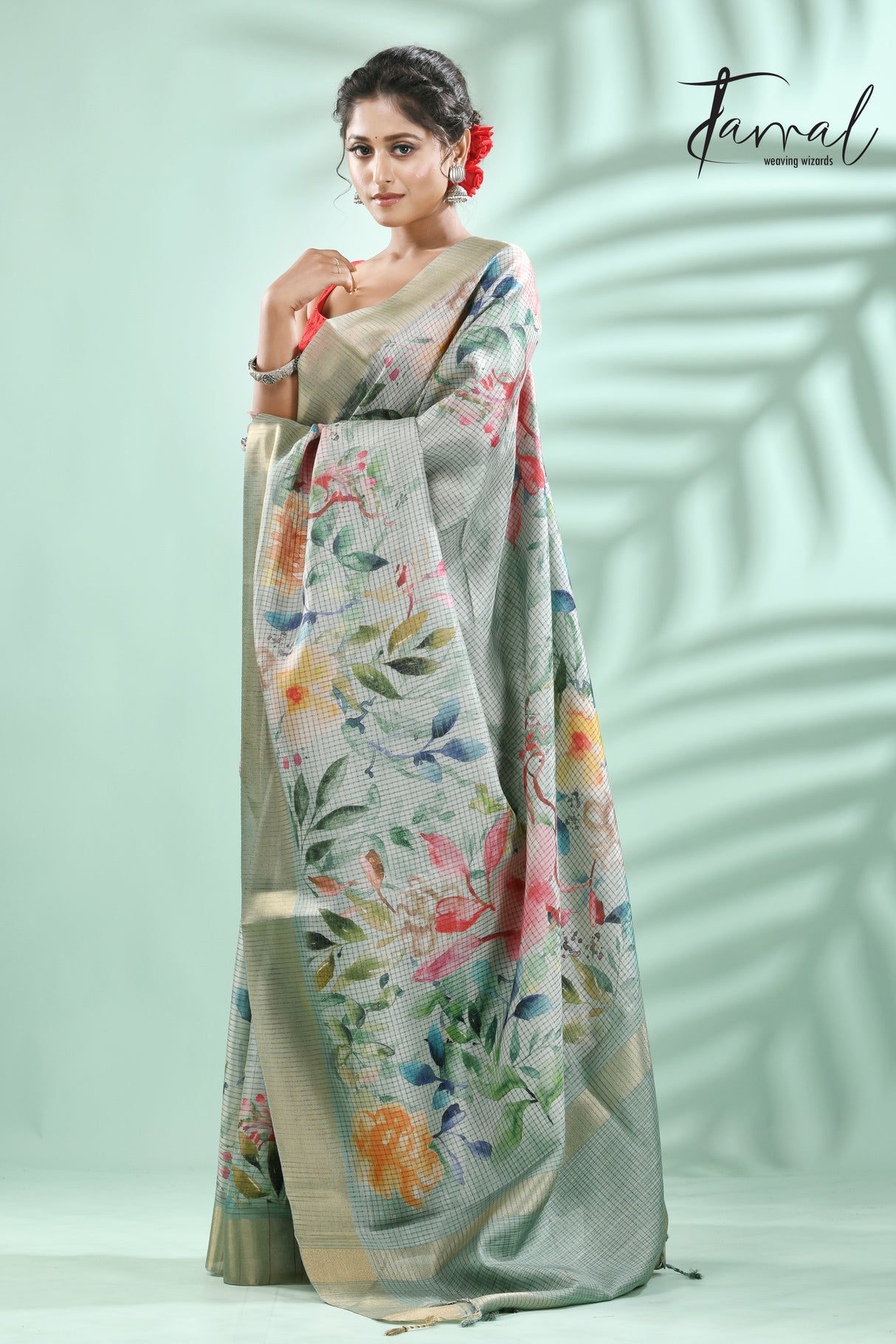 Pista Green with zari border tusser cotton floral hand painted zari check saree - Tamal Boutique