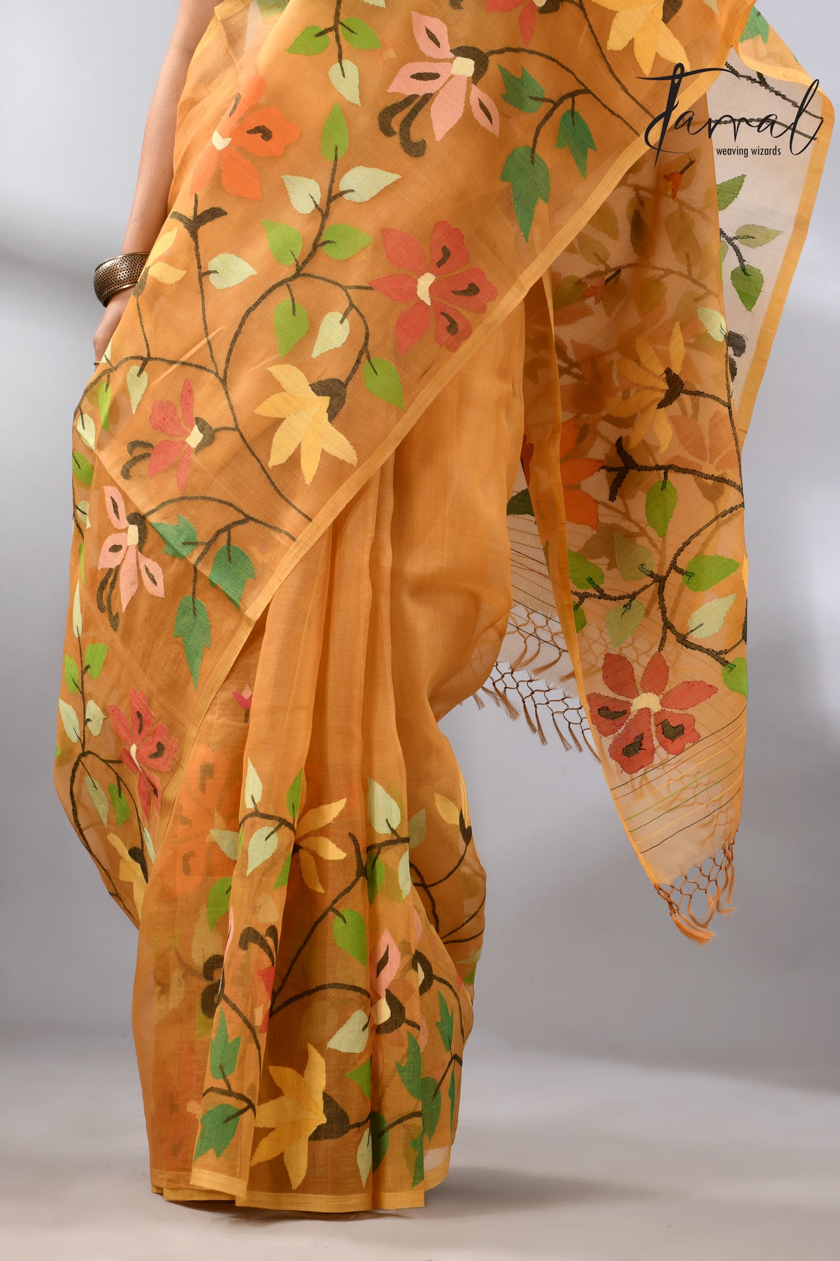 Golden yellow with multi colour floral skirt border allover handwoven muslin silk jamdani saree - Tamal Boutique