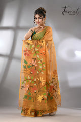 Golden yellow with multi colour floral skirt border allover handwoven muslin silk jamdani saree - Tamal Boutique