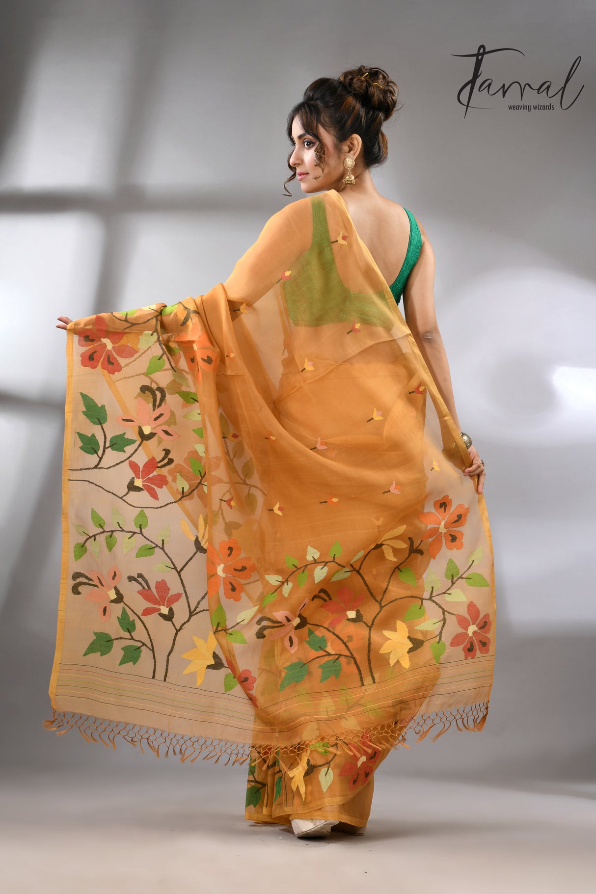 Golden yellow with multi colour floral skirt border allover handwoven muslin silk jamdani saree - Tamal Boutique