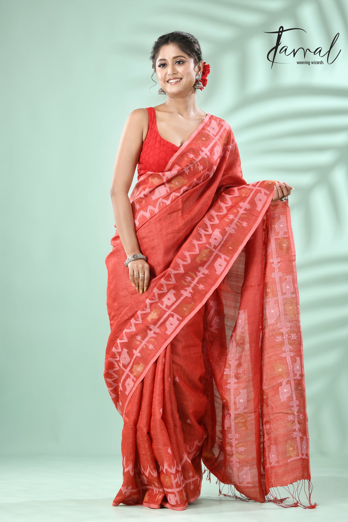 Red colour traditional Tussar silk handwoven jamdani saree