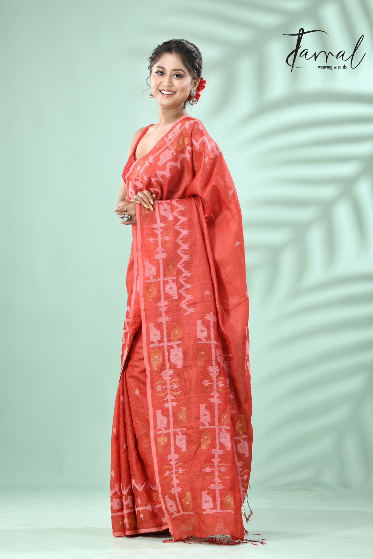 Red colour traditional Tussar silk handwoven jamdani saree