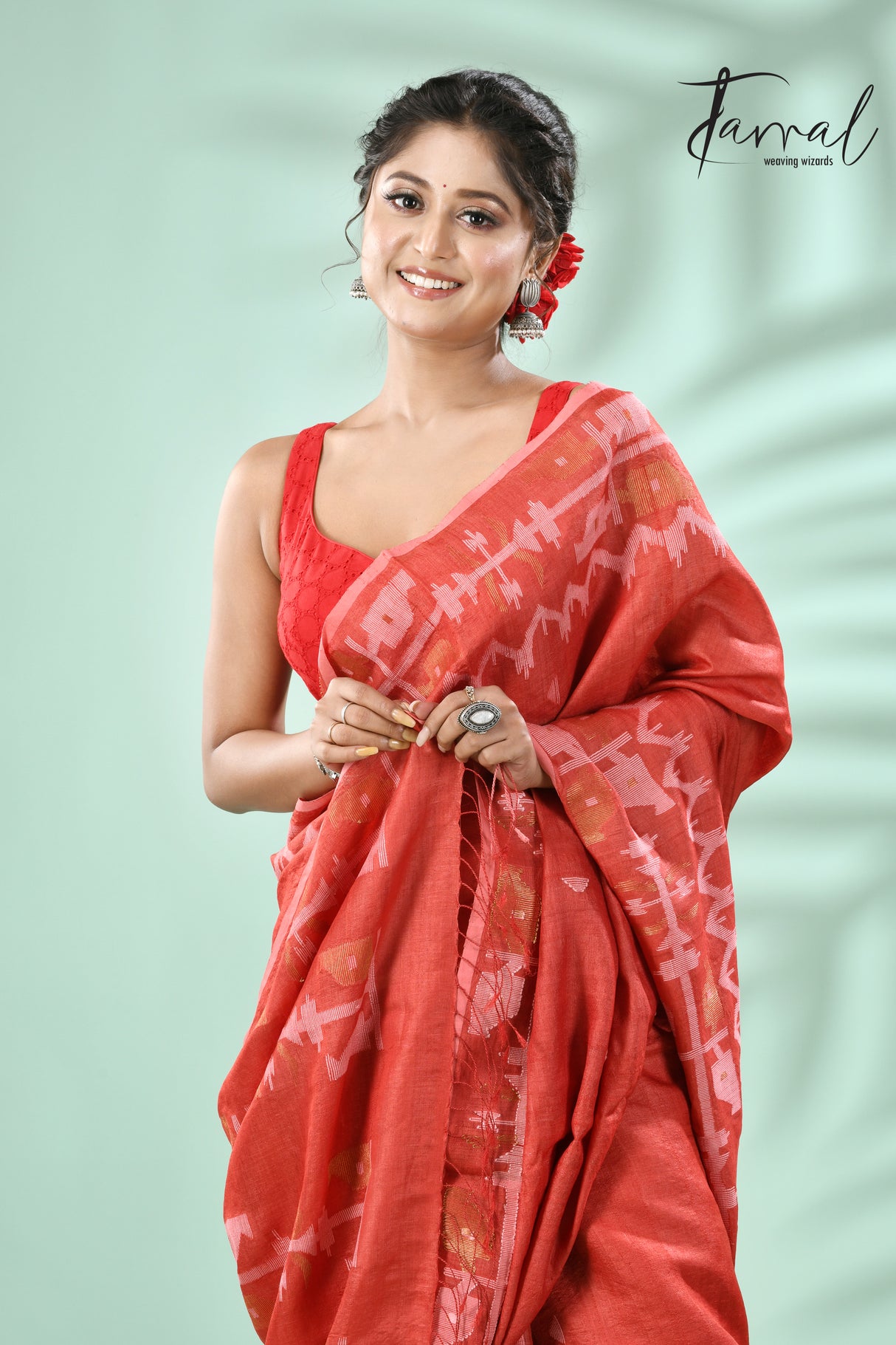 Red colour traditional Tussar silk handwoven jamdani saree