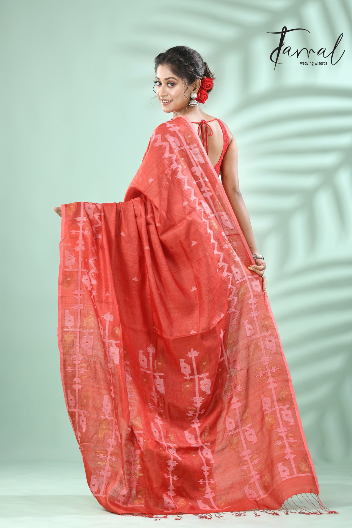 Red colour traditional Tussar silk handwoven jamdani saree