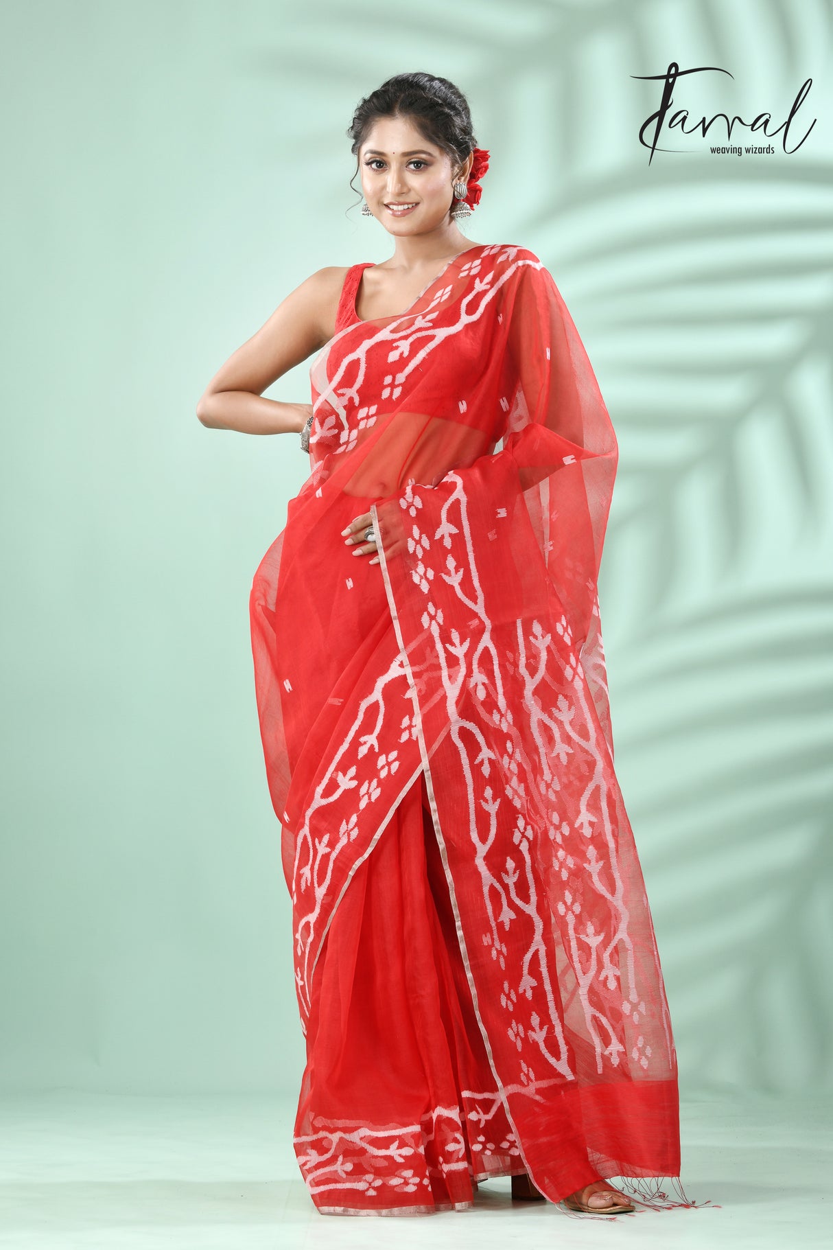 Red with Silver zari border traditional Handwoven Jamdani Saree