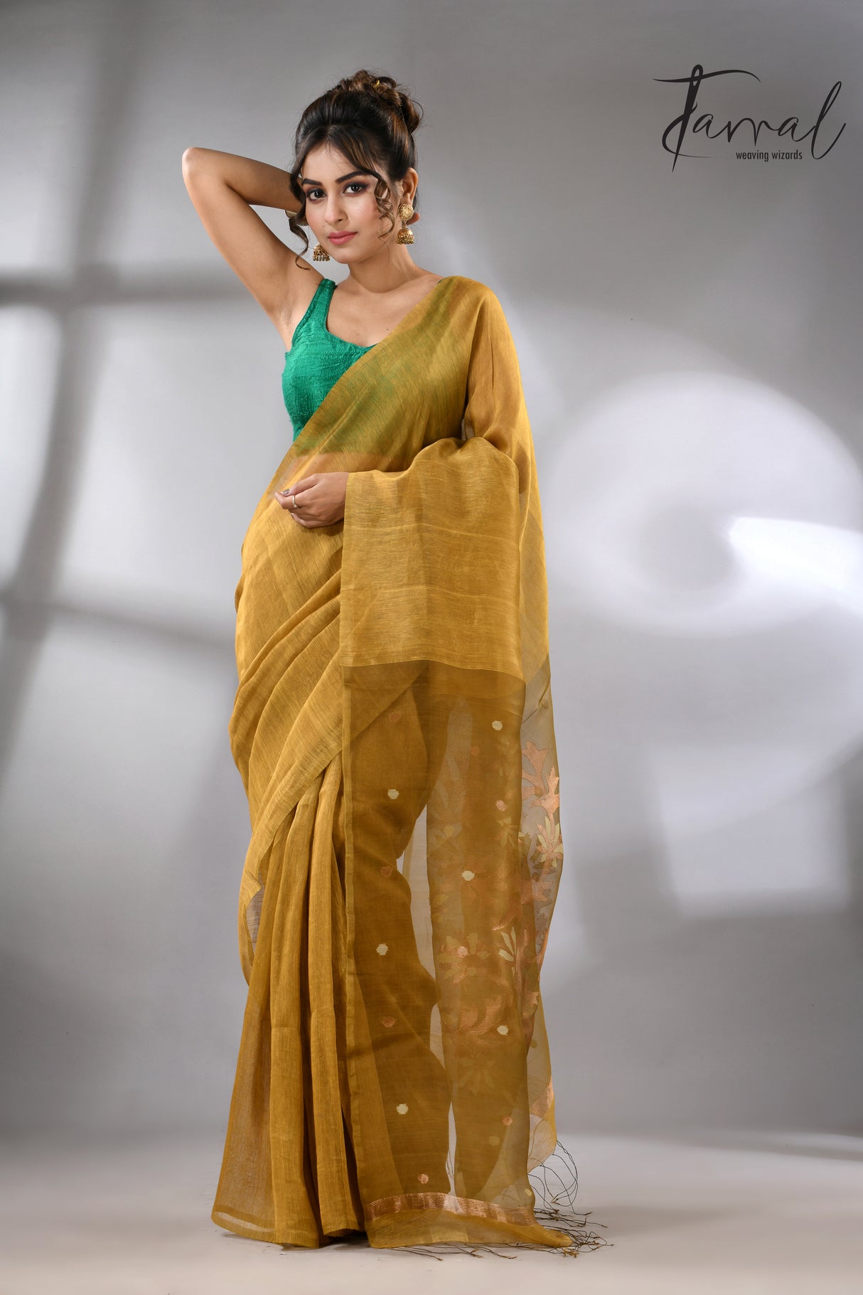 Golden brown silk linen handwoven jamdani saree - Tamal Boutique