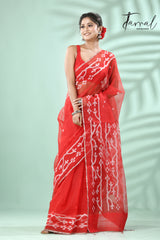 Red with Silver zari border traditional Handwoven Jamdani Saree