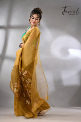 Golden brown silk linen handwoven jamdani saree - Tamal Boutique