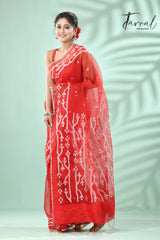 Red with Silver zari border traditional Handwoven Jamdani Saree