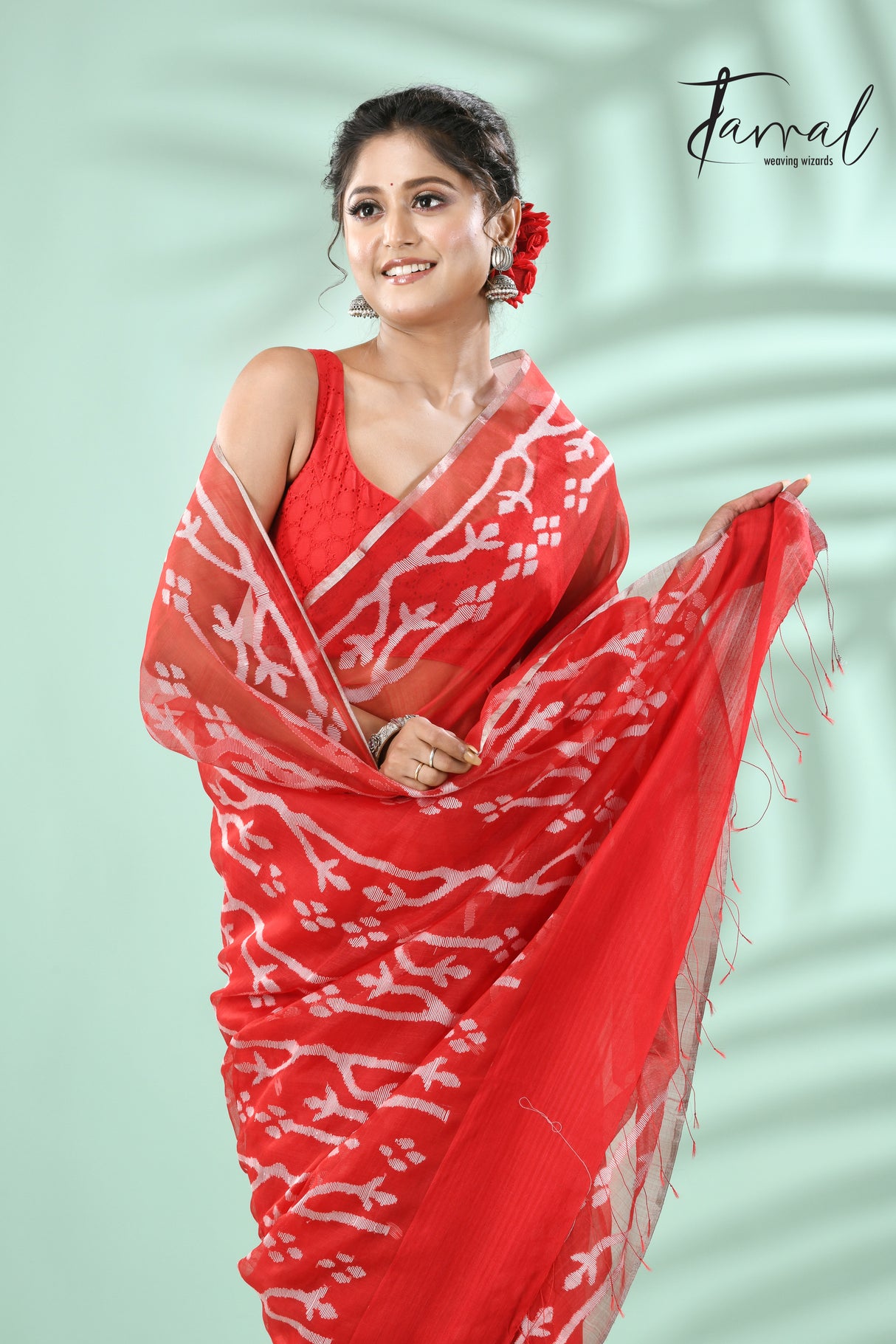 Red with Silver zari border traditional Handwoven Jamdani Saree