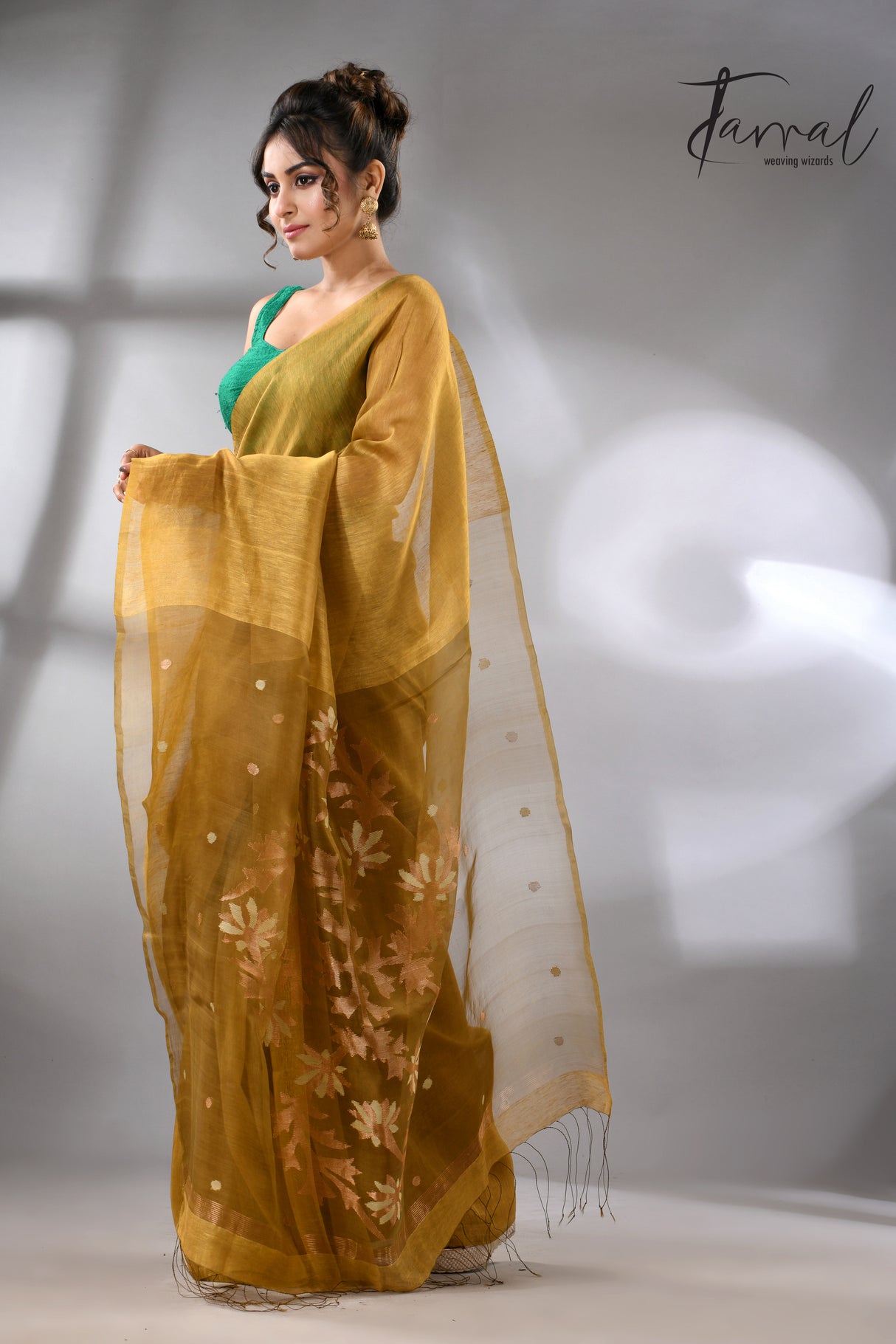 Golden brown silk linen handwoven jamdani saree - Tamal Boutique