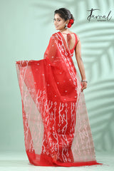 Red with Silver zari border traditional Handwoven Jamdani Saree