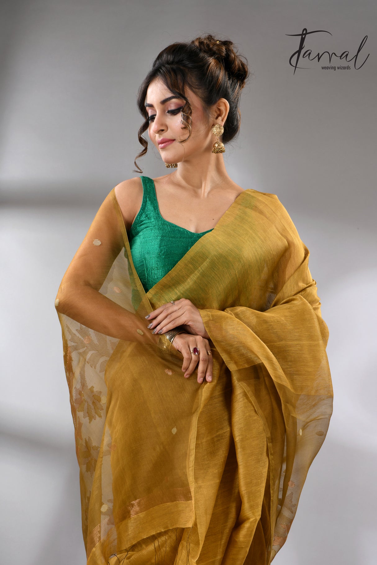 Golden brown silk linen handwoven jamdani saree - Tamal Boutique