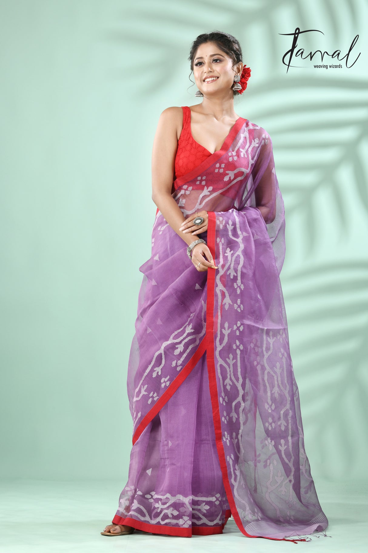 Lavender with red border traditional design muslin silk handwoven jamdani saree