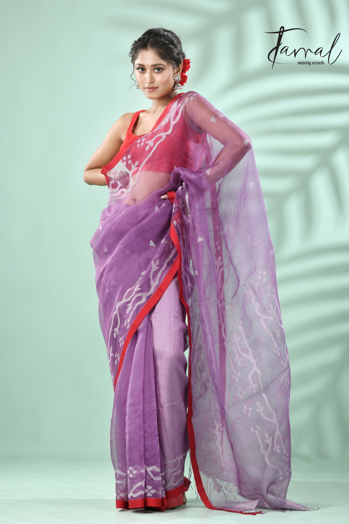 Lavender with red border traditional design muslin silk handwoven jamdani saree