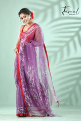 Lavender with red border traditional design muslin silk handwoven jamdani saree