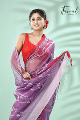 Lavender with red border traditional design muslin silk handwoven jamdani saree