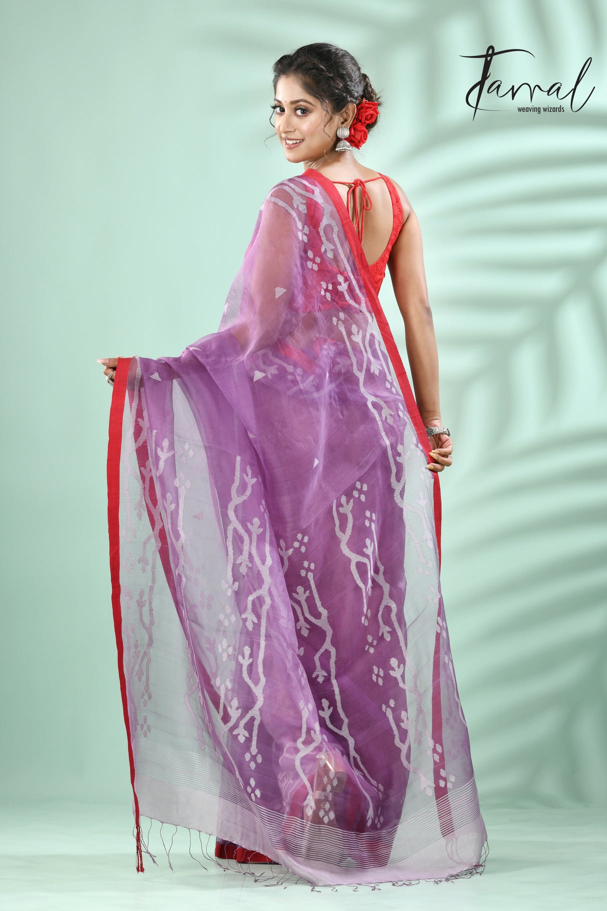 Lavender with red border traditional design muslin silk handwoven jamdani saree