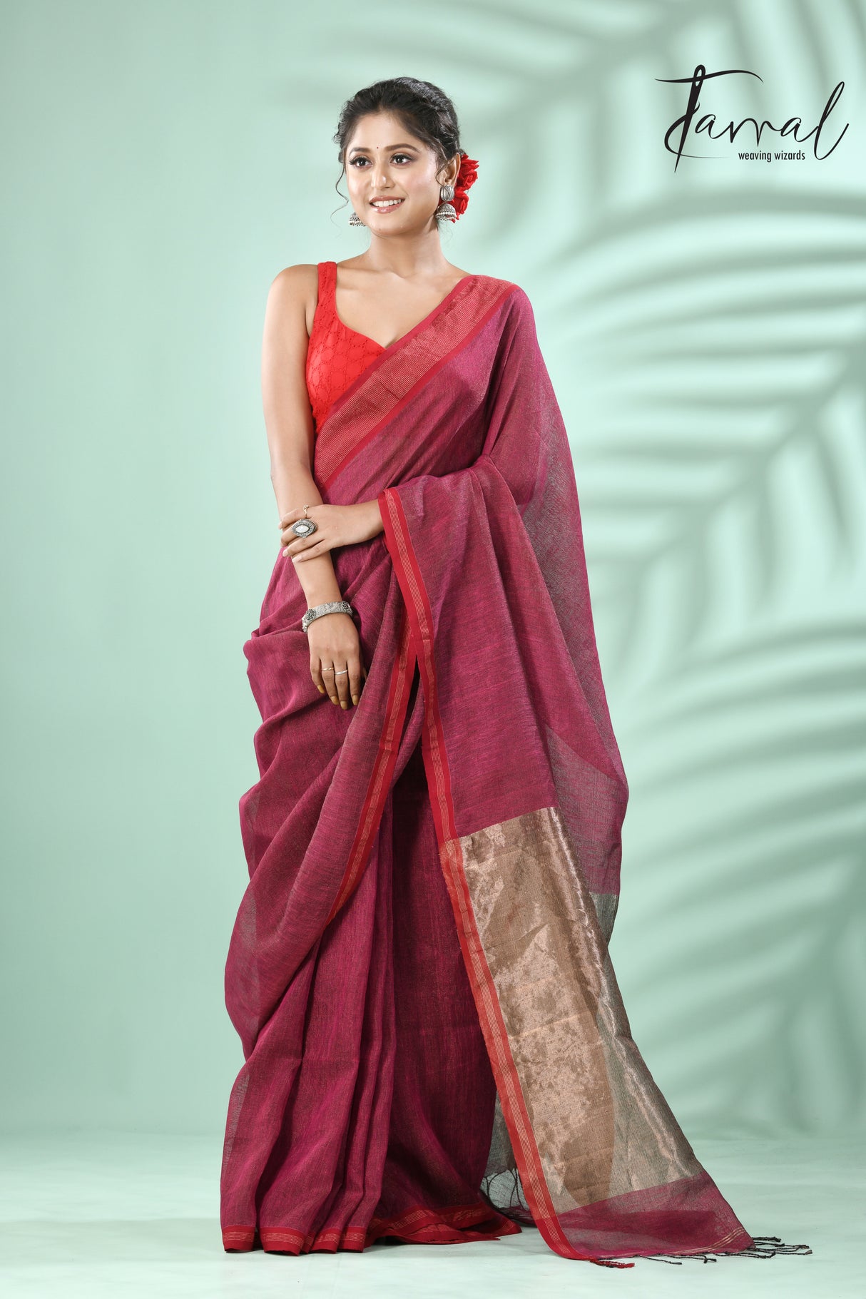 Hot Pink with red border pure tissue linen handloom saree - Tamal Boutique