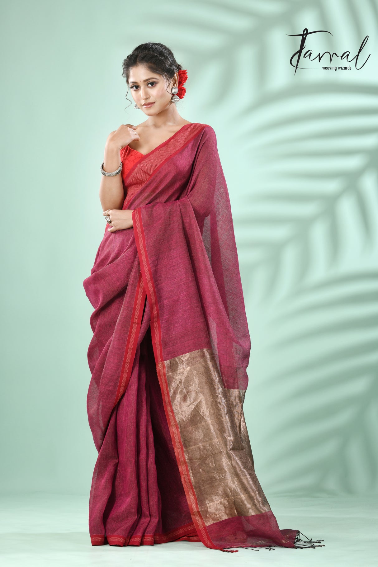 Hot Pink with red border pure tissue linen handloom saree