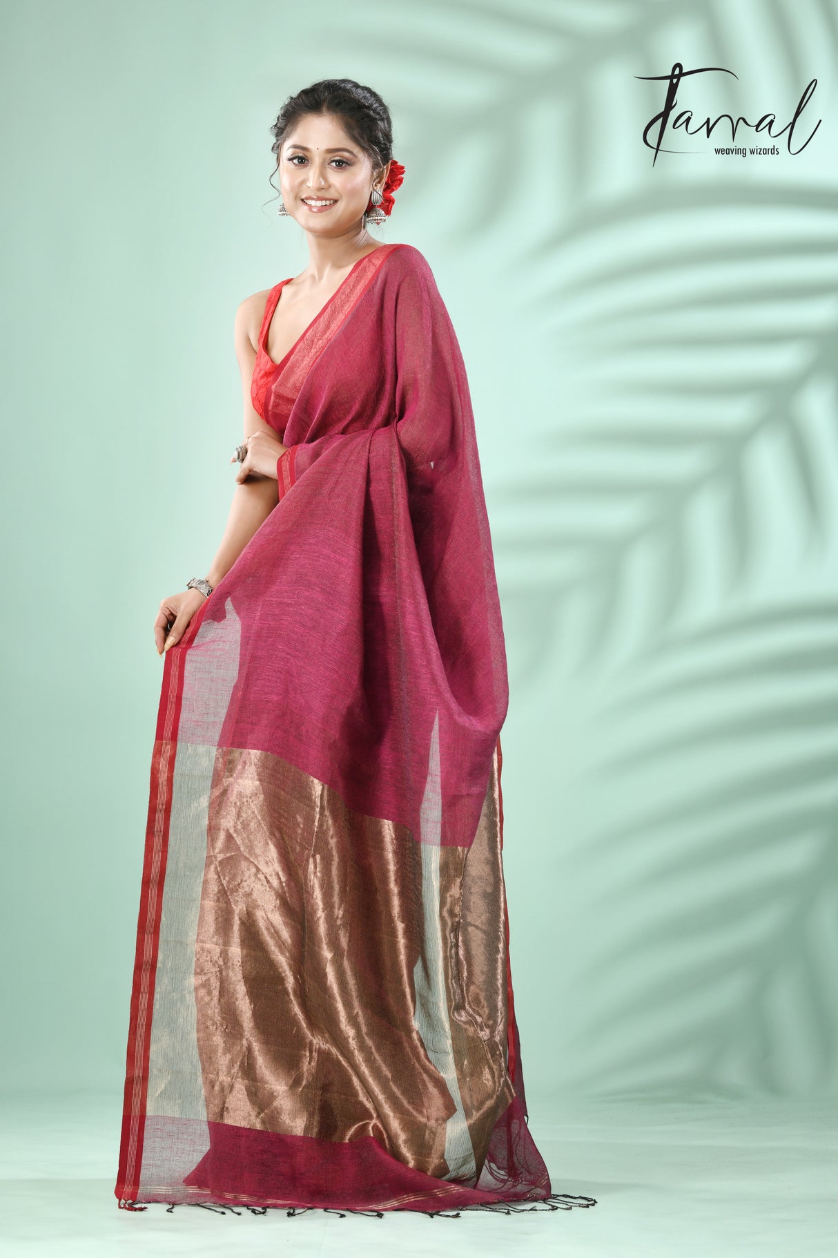 Hot Pink with red border pure tissue linen handloom saree