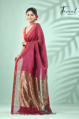 Hot Pink with red border pure tissue linen handloom saree - Tamal Boutique