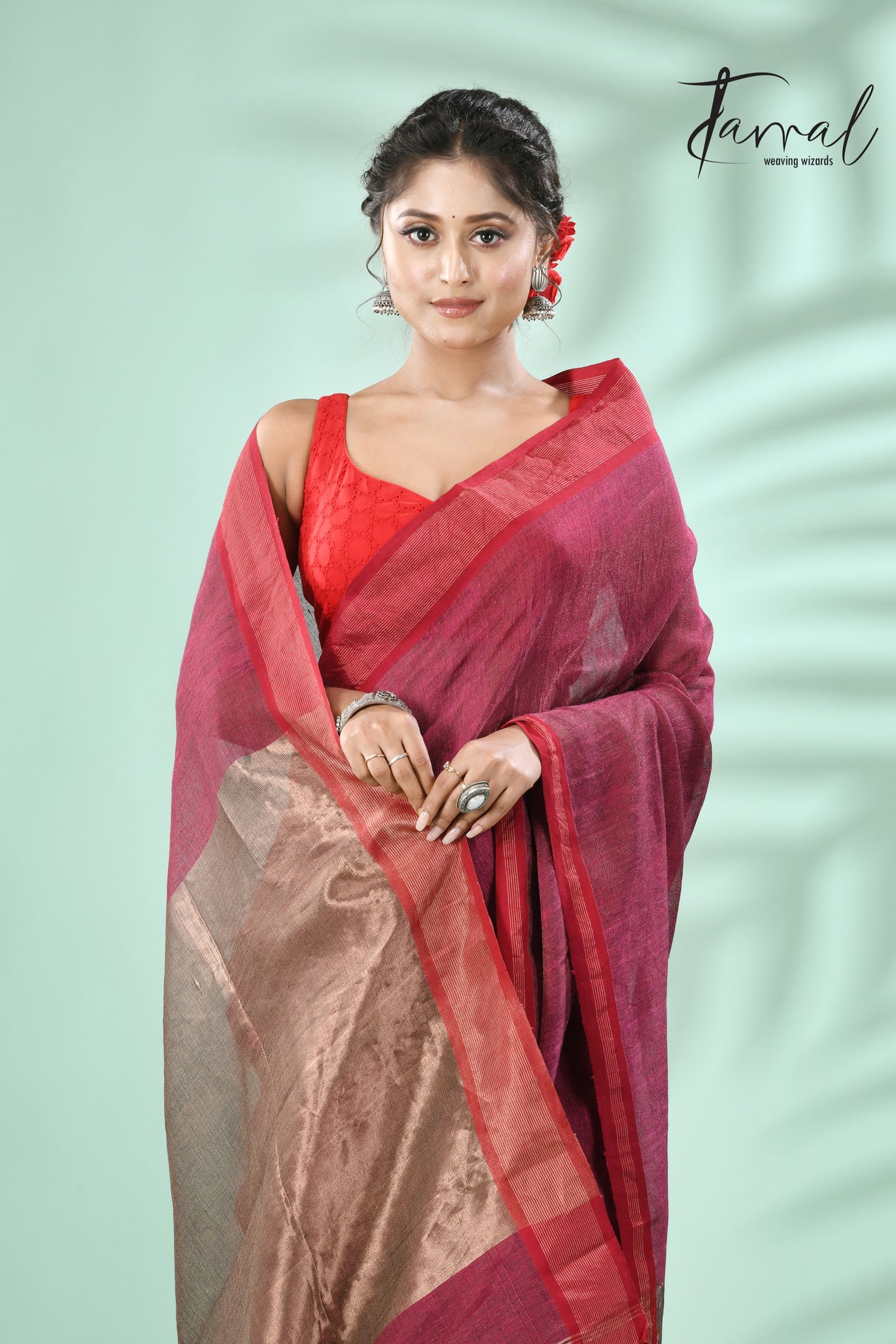 Hot Pink with red border pure tissue linen handloom saree - Tamal Boutique