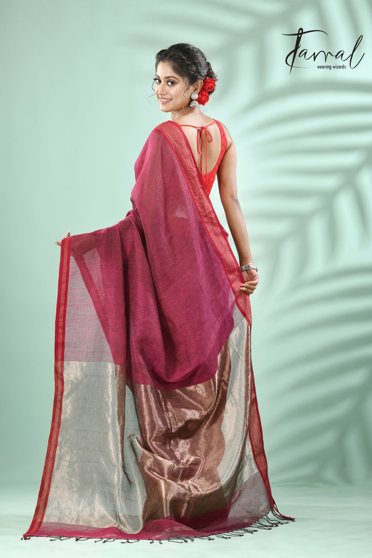 Hot Pink with red border pure tissue linen handloom saree - Tamal Boutique