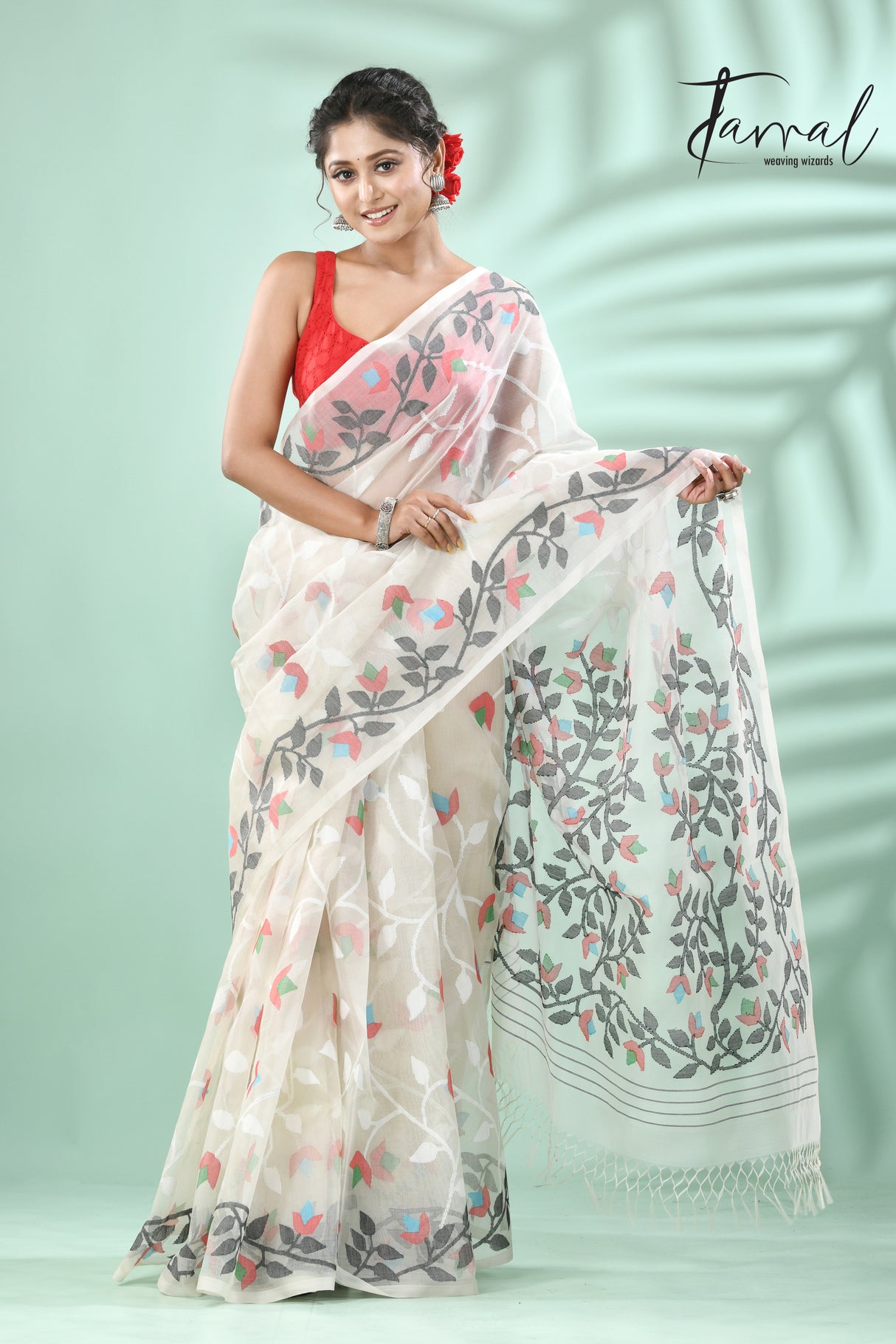 Offwhite with multi colour allover floral muslin silk handwoven jamdani saree