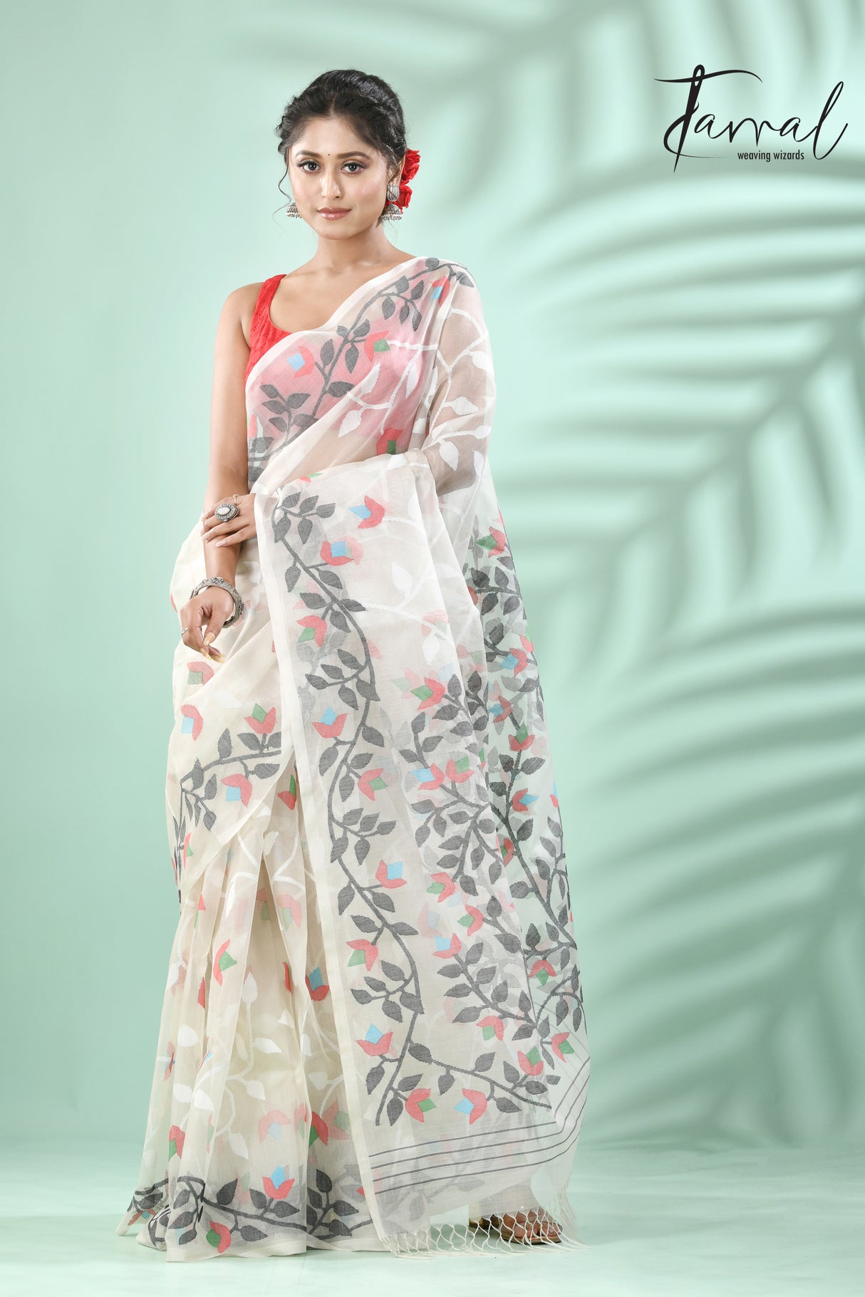 Offwhite with multi colour allover floral muslin silk handwoven jamdani saree