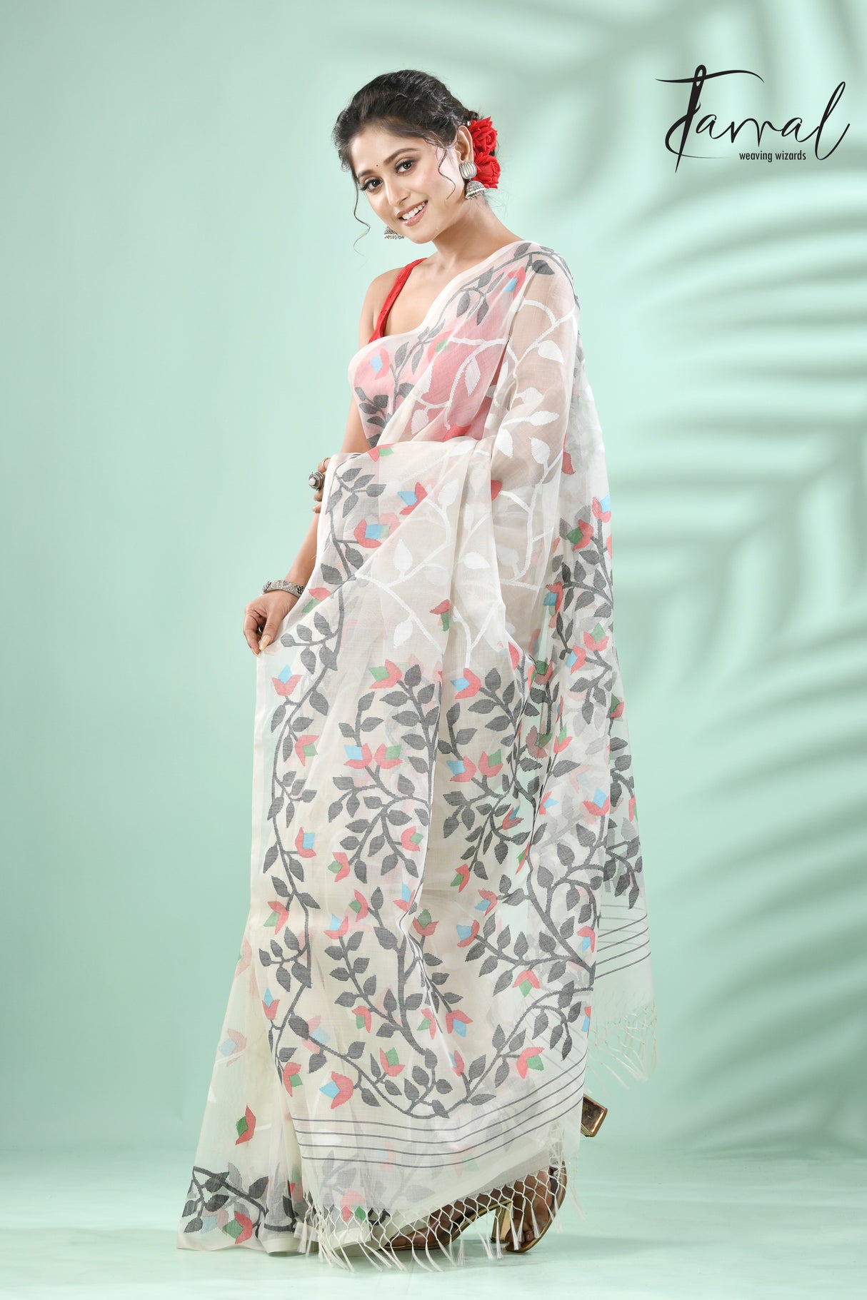 Offwhite with multi colour allover floral muslin silk handwoven jamdani saree