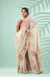 Cream colour with pink & Orange floral handloom silk cotton jamdani saree - Tamal Boutique