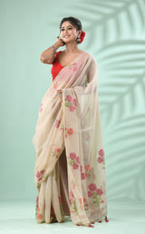 Cream colour with pink & Orange floral handloom silk cotton jamdani saree - Tamal Boutique