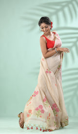 Cream colour with pink & Orange floral handloom silk cotton jamdani saree - Tamal Boutique