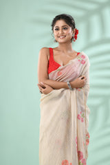 Cream colour with pink & Orange floral handloom silk cotton jamdani saree - Tamal Boutique