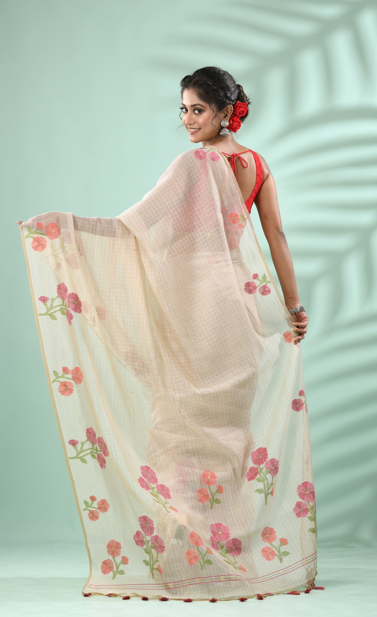 Cream colour with pink & Orange floral handloom silk cotton jamdani saree - Tamal Boutique