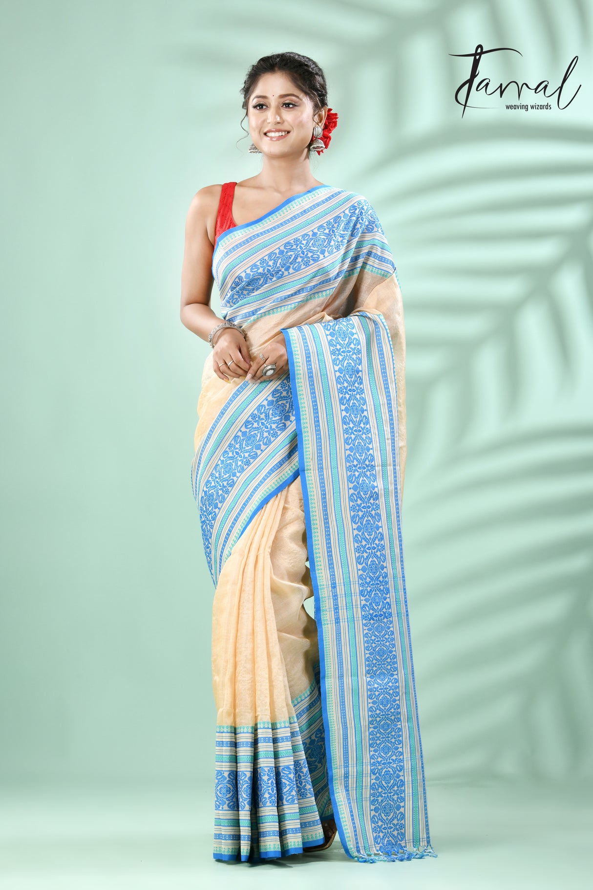 light muga with sky & sea green border tussar silk handloom Mahapar saree - Tamal Boutique