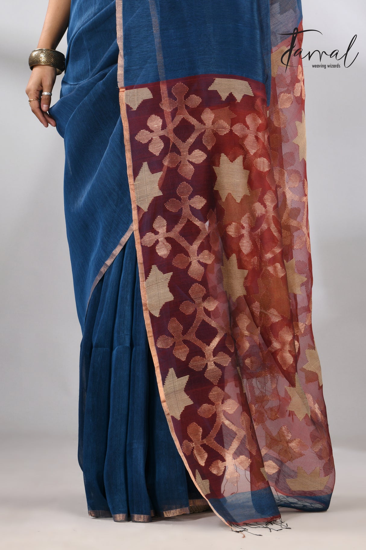 Blue with marron star pallu silk linen handwoven jamdani saree