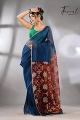 Blue with marron star pallu silk linen handwoven jamdani saree