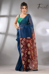 Blue with marron star pallu silk linen handwoven jamdani saree