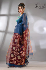 Blue with marron star pallu silk linen handwoven jamdani saree