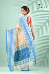 light muga with sky & sea green border tussar silk handloom Mahapar saree - Tamal Boutique