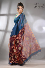 Blue with marron star pallu silk linen handwoven jamdani saree