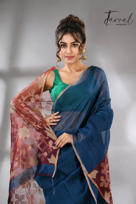 Blue with marron star pallu silk linen handwoven jamdani saree